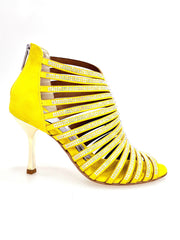 Carica immagine nella Galleria, ELSY Plus (L7) - Sandalo a Tronchetto Da Donna in Morbido Camoscio Giallo Con Swarovski Boreali e Tacco a Stiletto Squadrato Sottile Laminato Oro