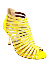 Carica immagine nella Galleria, ELSY Plus (L7) - Sandalo a Tronchetto Da Donna in Morbido Camoscio Giallo Con Swarovski Boreali e Tacco a Stiletto Squadrato Sottile Laminato Oro