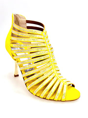 Carica immagine nella Galleria, ELSY Plus (L7) - Sandalo a Tronchetto Da Donna in Morbido Camoscio Giallo Con Swarovski Boreali e Tacco a Stiletto Squadrato Sottile Laminato Oro