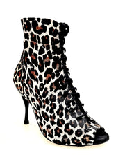 Carica immagine nella Galleria, ALEXIS Leyopa (Art. 132) - Mezzo Stivaletto con Zip in Raso seta Maculato Leopardo Bianco Tacco a Spillo in Alluminio Smaltato Nero