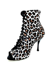 Carica immagine nella Galleria, ALEXIS Leyopa (Art. 132) - Mezzo Stivaletto con Zip in Raso seta Maculato Leopardo Bianco Tacco a Spillo in Alluminio Smaltato Nero