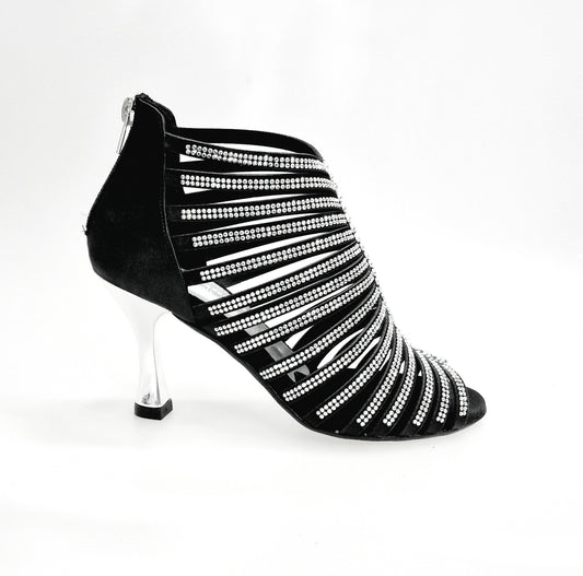Sandalo a tronchetto da donna Wish Dance Shop Elsy Plus in raso di seta nero con Swarovski Boreali e tacco a rocchetto laminato argento