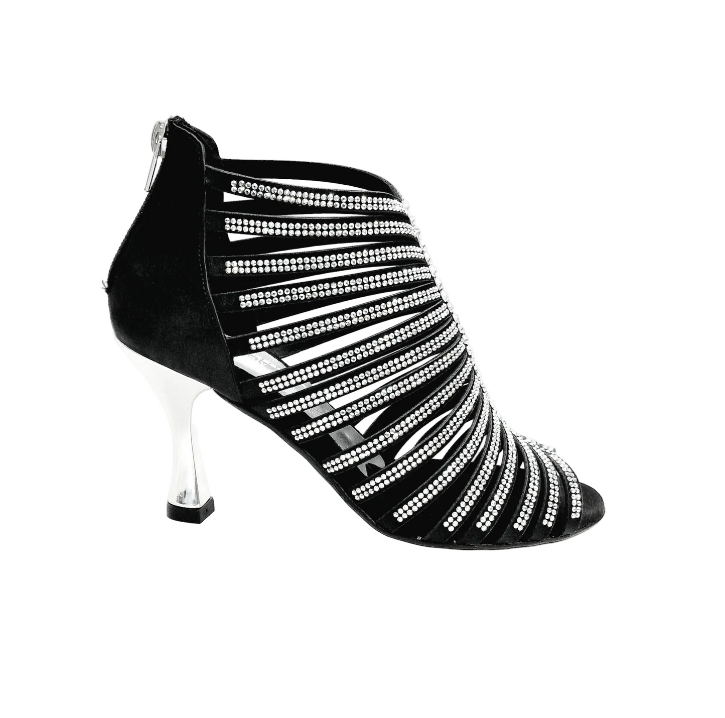 Sandalo a tronchetto donna ELSY Plus (L7) in raso seta nero con Swarovski Boreali e tacco laminato argento, stile elegante.