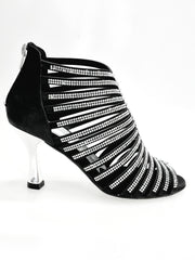 Carica immagine nella Galleria, ELSY Plus (L7) - Sandalo a Tronchetto Da Donna in Raso Seta Nero Con Swarovski Boreali e Tacco a Rocchetto Laminato Argento