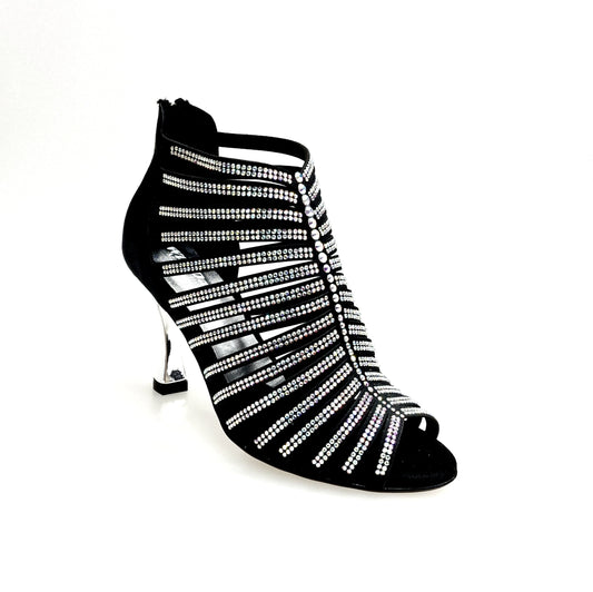 Sandalo a Tronchetto Da Donna in Raso Seta Nero Con Swarovski Boreali e Tacco a Rocchetto Laminato Argento, vista laterale