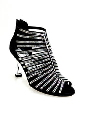 Carica immagine nella Galleria, ELSY Plus (L7) - Sandalo a Tronchetto Da Donna in Raso Seta Nero Con Swarovski Boreali e Tacco a Rocchetto Laminato Argento