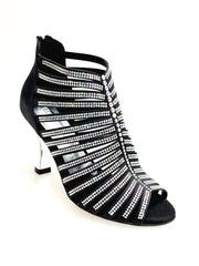 Carica immagine nella Galleria, ELSY Plus (L7) - Sandalo a Tronchetto Da Donna in Raso Seta Nero Con Swarovski Boreali e Tacco a Rocchetto Laminato Argento