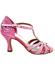 Load image into Gallery viewer, ALESSIA Superb (L1) - Scarpa da Ballo in Raso Seta Rosa Fuxia con Swarovski Boreali e Tacco a Rocchetto