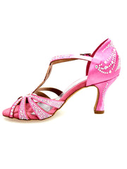 Carica immagine nella Galleria, ALESSIA Superb (L1) - Scarpa da Ballo in Raso Seta Rosa Fuxia con Swarovski Boreali e Tacco a Rocchetto