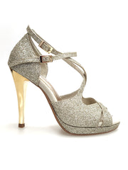 Carica immagine nella Galleria, Brenda Jadore (485 PLT) - Scarpa in Glitter Light Oro Platino Doppio Cinturino Caviglie e Collopiede con Tacco Alto a spillo largo Laminato Oro e Plateau