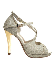 Carica immagine nella Galleria, Brenda Jadore (485 PLT) - Scarpa in Glitter Light Oro Platino Doppio Cinturino Caviglie e Collopiede con Tacco Alto a spillo largo Laminato Oro e Plateau