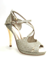 Carica immagine nella Galleria, Brenda Jadore (485 PLT) - Scarpa in Glitter Light Oro Platino Doppio Cinturino Caviglie e Collopiede con Tacco Alto a spillo largo Laminato Oro e Plateau
