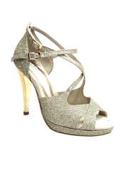Carica immagine nella Galleria, Brenda Jadore (485 PLT) - Scarpa in Glitter Light Oro Platino Doppio Cinturino Caviglie e Collopiede con Tacco Alto a spillo largo Laminato Oro e Plateau
