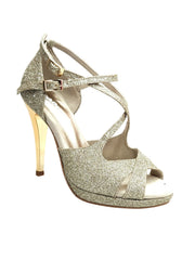 Carica immagine nella Galleria, Brenda Jadore (485 PLT) - Scarpa in Glitter Light Oro Platino Doppio Cinturino Caviglie e Collopiede con Tacco Alto a spillo largo Laminato Oro e Plateau