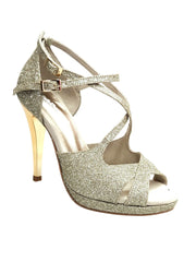 Carica immagine nella Galleria, Brenda Jadore (485 PLT) - Scarpa in Glitter Light Oro Platino Doppio Cinturino Caviglie e Collopiede con Tacco Alto a spillo largo Laminato Oro e Plateau