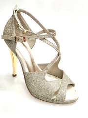 Carica immagine nella Galleria, Brenda Jadore (485 PLT) - Scarpa in Glitter Light Oro Platino Doppio Cinturino Caviglie e Collopiede con Tacco Alto a spillo largo Laminato Oro e Plateau