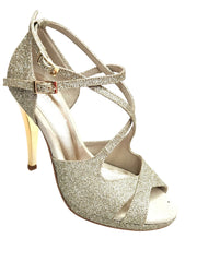 Carica immagine nella Galleria, Brenda Jadore (485 PLT) - Scarpa in Glitter Light Oro Platino Doppio Cinturino Caviglie e Collopiede con Tacco Alto a spillo largo Laminato Oro e Plateau