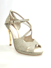 Carica immagine nella Galleria, Brenda Jadore (485 PLT) - Scarpa in Glitter Light Oro Platino Doppio Cinturino Caviglie e Collopiede con Tacco Alto a spillo largo Laminato Oro e Plateau