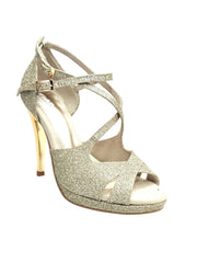 Carica immagine nella Galleria, Brenda Jadore (485 PLT) - Scarpa in Glitter Light Oro Platino Doppio Cinturino Caviglie e Collopiede con Tacco Alto a spillo largo Laminato Oro e Plateau