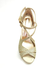 Carica immagine nella Galleria, Brenda Jadore (485 PLT) - Scarpa in Glitter Light Oro Platino Doppio Cinturino Caviglie e Collopiede con Tacco Alto a spillo largo Laminato Oro e Plateau