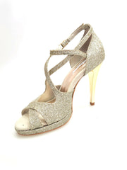 Carica immagine nella Galleria, Brenda Jadore (485 PLT) - Scarpa in Glitter Light Oro Platino Doppio Cinturino Caviglie e Collopiede con Tacco Alto a spillo largo Laminato Oro e Plateau