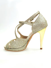 Carica immagine nella Galleria, Brenda Jadore (485 PLT) - Scarpa in Glitter Light Oro Platino Doppio Cinturino Caviglie e Collopiede con Tacco Alto a spillo largo Laminato Oro e Plateau