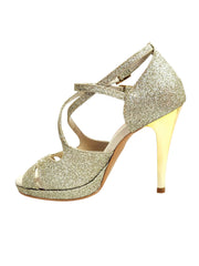 Carica immagine nella Galleria, Brenda Jadore (485 PLT) - Scarpa in Glitter Light Oro Platino Doppio Cinturino Caviglie e Collopiede con Tacco Alto a spillo largo Laminato Oro e Plateau