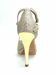 Carica immagine nella Galleria, Brenda Jadore (485 PLT) - Scarpa in Glitter Light Oro Platino Doppio Cinturino Caviglie e Collopiede con Tacco Alto a spillo largo Laminato Oro e Plateau