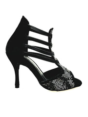 Carica immagine nella Galleria, Viper Black (460PW) - Sandalo da Donna in Camoscio Nero Elastici neri con Livrea in Borchiette Argento e Bianche con tacco a spillo Rivestito Camoscio Nero Wish Dance Shop