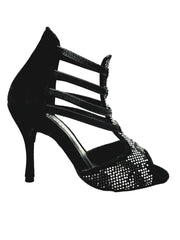 Load image into Gallery viewer, Viper Black (460PW) - Woman's Sandal in Black Suede with Silver and White Studs livery with stiletto heel Covered in Black Suede