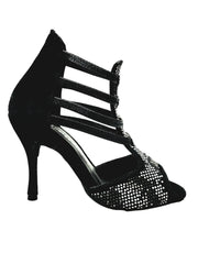 Carica immagine nella Galleria, Viper Black (460PW) - Sandalo da Donna in Camoscio Nero Elastici neri con Livrea in Borchiette Argento e Bianche con tacco a spillo Rivestito Camoscio Nero Wish Dance Shop