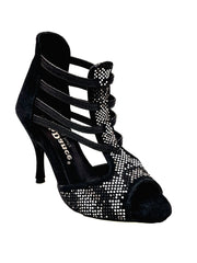 Load image into Gallery viewer, Viper Black (460PW) - Woman's Sandal in Black Suede with Silver and White Studs livery with stiletto heel Covered in Black Suede