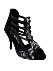 Carica immagine nella Galleria, Viper Black (460PW) - Sandalo da Donna in Camoscio Nero Elastici neri con Livrea in Borchiette Argento e Bianche con tacco a spillo Rivestito Camoscio Nero Wish Dance Shop