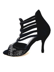 Carica immagine nella Galleria, Viper Black (460PW) - Sandalo da Donna in Camoscio Nero Elastici neri con Livrea in Borchiette Argento e Bianche con tacco a spillo Rivestito Camoscio Nero