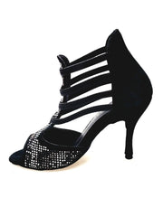 Carica immagine nella Galleria, Viper Black (460PW) - Sandalo da Donna in Camoscio Nero Elastici neri con Livrea in Borchiette Argento e Bianche con tacco a spillo Rivestito Camoscio Nero Wish Dance Shop