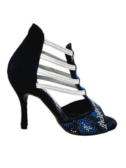 Load image into Gallery viewer, Viper Blu (460PW) - Woman's Sandal in Midnight Blue Suede with livery in blue and white studs and Silver Elastics and stiletto heel Covered in Midnight Blue Suede
