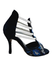 Carica immagine nella Galleria, Viper Blu (460PW) - Sandalo da Donna in Camoscio Blu notte Livrea Vipera in borchiette bianche e Nere e Swarovski blu Elastici Argento e tacco a spillo Rivestito Camoscio Blu Notte Wish Dance Shop
