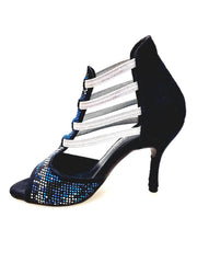 Carica immagine nella Galleria, Viper Blu (460PW) - Sandalo da Donna in Camoscio Blu notte Livrea Vipera in borchiette bianche e Nere e Swarovski blu Elastici Argento e tacco a spillo Rivestito Camoscio Blu Notte Wish Dance Shop