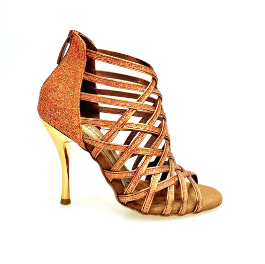 Scarpa da donna Intrigo 780 Wish Dance Shop in glitter bronzo con tacco a spillo laminato oro ramato, davanti.