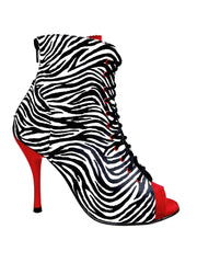 Carica immagine nella Galleria, ALEXIS Zebra (Art. 132) - Mezzo Stivaletto con Zip in Raso seta Zebra inserti in Camoscio Rosso Tacco a Spillo in Alluminio verniciato effetto Gommato Rosso