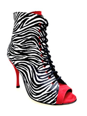 Load image into Gallery viewer, ALEXIS Zebra (Art. 132) - Mezzo Stivaletto con Zip in Raso seta Zebra inserti in Camoscio Rosso Tacco a Spillo in Alluminio verniciato effetto Gommato Rosso