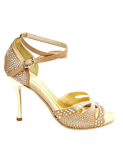 Load image into Gallery viewer, Delux Butterfly PW (L2PW) - Scarpa da Ballo in Raso Seta color Champagne con Swarovski Boreali Tacco a Stiletto e a Spillo Laminato Oro
