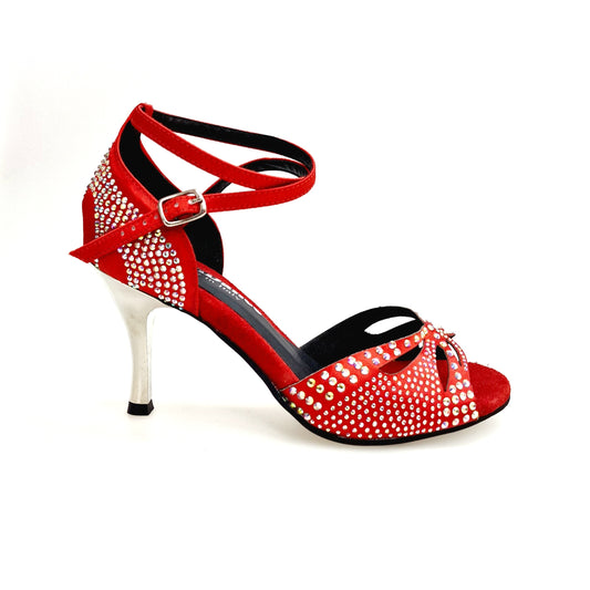 Scarpe da ballo Wish Dance Shop Deluxe Butterfly PW in raso seta rosso con Swarovski, tacco a stiletto e spillo laminato argentato