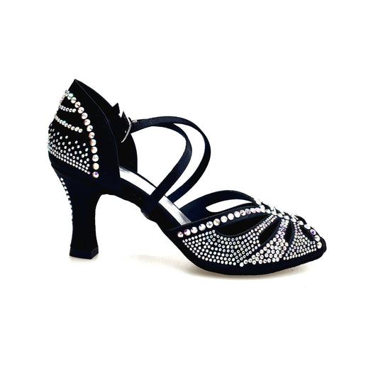 SCARPA DA BALLO DA DONNA IN RASO SETA NERO CON SWAROVSKI BOREALI CINTURINO INCROCIATO SUL COLLOPIEDE, vista laterale