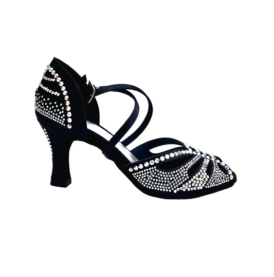 Scarpa da donna Wish Dance Shop DADA DIAMOND QC in raso seta nero con Swarovski boreali e tacco a rocchetto, cinturino incrociato.