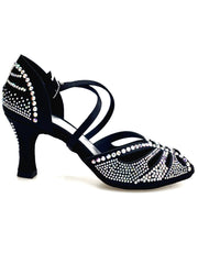 Load image into Gallery viewer, DADA DIAMOND QC (L55) - SCARPA DA BALLO DA DONNA IN RASO SETA NERO CON SWAROVSKI BOREALI CINTURINO INCROCIATO SUL COLLOPIEDE CON SWAROVSKI BOREALI E TACCO A ROCCHETTO