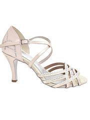 Load image into Gallery viewer, CAROLIN QC (Marea L14) - Scarpa Da Donna in Raso Seta Cipria Rosé Con Swarovski Boreali e Tacco Basso a Spillo Largo Latino Alto