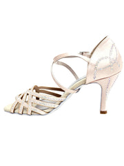 Load image into Gallery viewer, CAROLIN QC (Marea L14) - Scarpa Da Donna in Raso Seta Cipria Rosé Con Swarovski Boreali e Tacco Basso a Spillo Largo Latino Alto