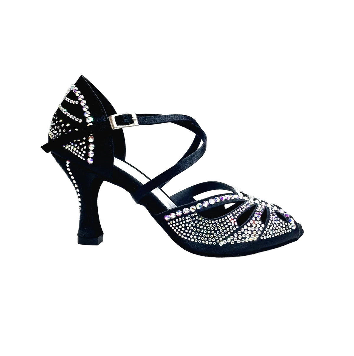 SCARPA DA BALLO DA DONNA IN RASO SETA NERO CON SWAROVSKI BOREALI CINTURINO INCROCIATO SUL COLLOPIEDE (L55), vista laterale