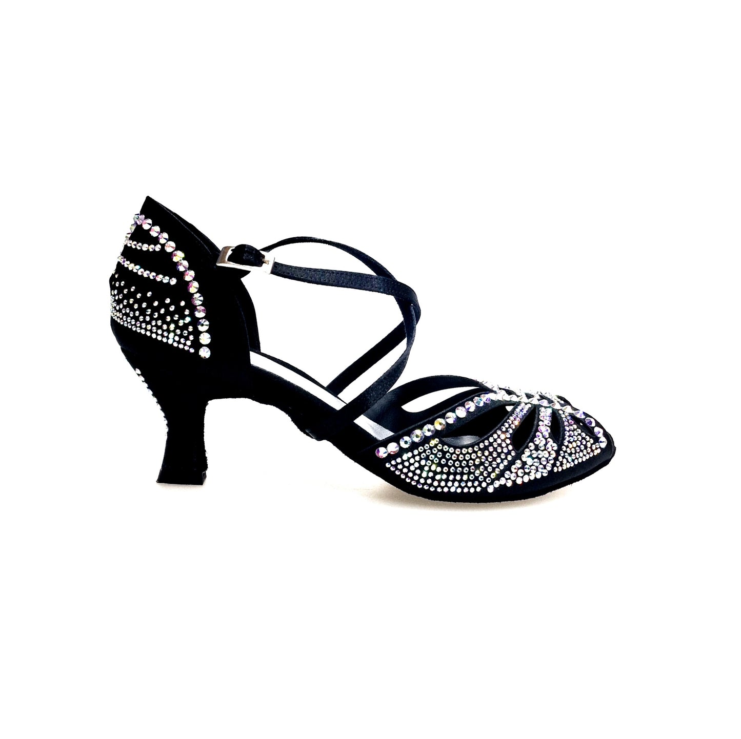 Scarpa da ballo donna Wish Dance Shop DADA DIAMOND QC in raso seta nero con Swarovski boreali, cinturino incrociato e tacco basso a rocchetto